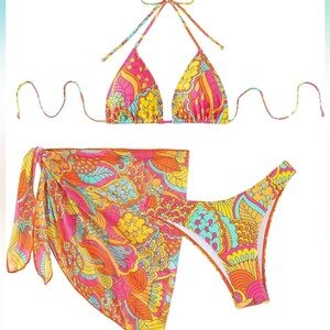 NWOT 3 Piece Textured High Cut Halter Triangle Bikini Swimsuit with Cover Up